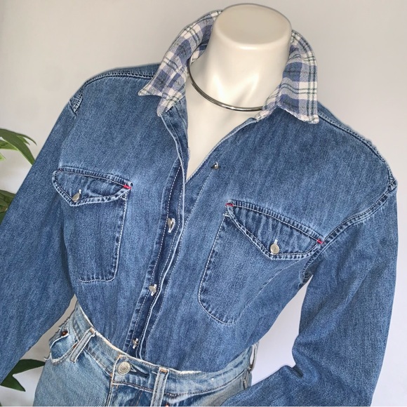 v i n t a g e :: Denim Flannel Jeans Shirt Pearl Buttons Slouchy - Picture 4 of 12